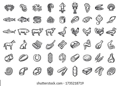 Set of farm animals and birds, meat, meat products, fish and seafood vector isolated illustrations for groceries, meat stores, restaurant menu