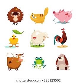 Set of farm animals and birds vector illustration collection set