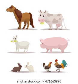 Set of farm animals and birds. Vector illustration of a flat design