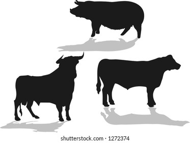 set of farm animals, bull, cow, pig, vector illustrations