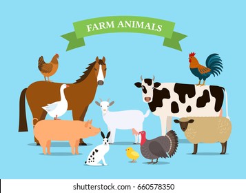 A set of farm animals in a cartoon style. Flat vector illustration