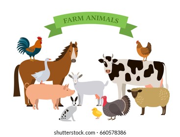 A set of farm animals in a cartoon style. Flat vector illustration