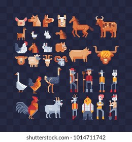 Set of farm animals characters. Pixel art 80s style isolated vector illustration. Cartoon flat style icon. Element design for mobile app and sticker. Anthropomorphic design. Game assets. 8-bit sprite.