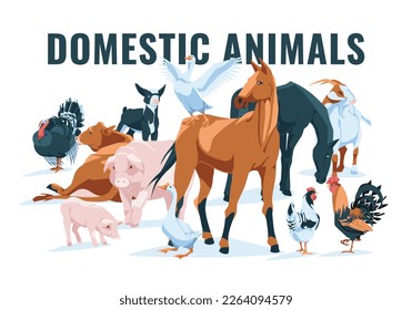 set of farm animals: chicken, rooster, hens, goose, turkey, horse, cow, pig, goat Isolated on white background. Vector flat illustration. Agriculture, farming and cattle breeding