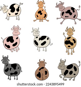 Set of farm animals. Children's illustration of cow poses. Cute designs doodle style.