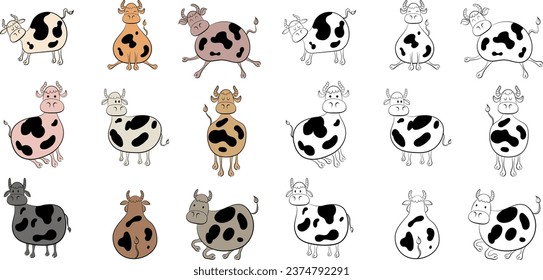 Set of farm animals. Children's illustration of cow poses. Cute designs doodle style collection.