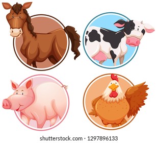Set of farm animals in circle background illustration