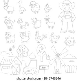 set of farm animals for coloring, colorless isolated vector illustrations in flat style - cow, pig, donkey, horse, goat, goose, rooster, chicken. sheep, cat, dog, trees, barn, mill, tractor, farmer