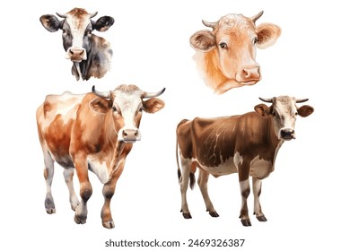 Un conjunto de animales de granja: una vaca, la cabeza de una vaca marrón. Para postales, diseño de envases, textiles, folletos