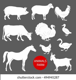 set of farm animals cow, sheep, goat, pig, horse. Set of detailed quality silhouettes of chicken, rooster, goose, turkey, duck.