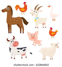 Set of farm animals - cow, sheep, horse, pig, goat, rooster, hen, goose, cartoon vector illustration isolated on white background, Set of cute and funny farm animals with friendly faces and big eyes