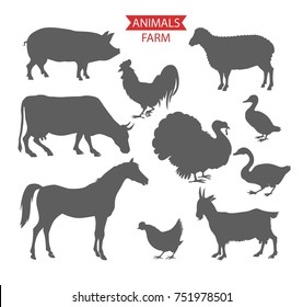 set of farm animals cow, sheep, goat, pig, horse. Set of detailed quality silhouettes of chicken, rooster, goose, turkey, duck.