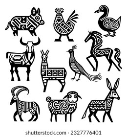 A set of farm animals created in a black silhouette style with minimal tribal patterning.
