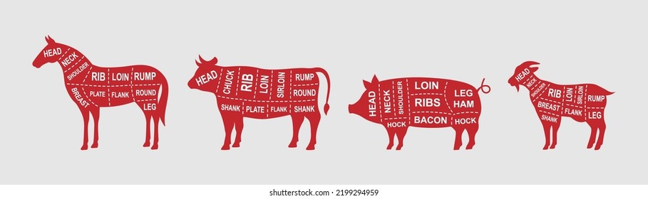 Diagramm für eine Reihe von Landtieren. Metzger-Schema-Poster. Schweinefleisch, Pferde, Ziegen, Kuhfleischstücke. Fleischdiagramm-Abbildung. Farmsilhouette