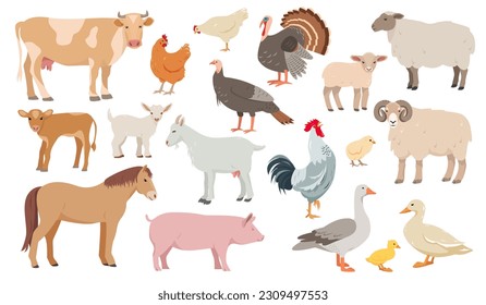 Conjunto de animales de granja en diferentes poses y colores. Vaca, oveja, cerdo, carnero, caballo y cabra. Hen, pavo, pato, ganso y niños. Iconos vectoriales planos o dibujos animados.