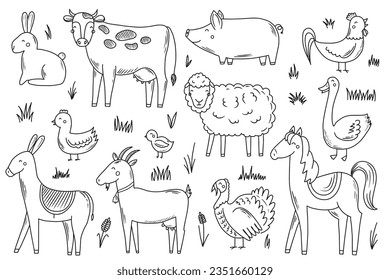 Set with farm animals in doodle style. Vector illustration for your design