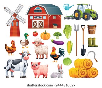 Set of farm animals and elements. Vector cartoon illustration