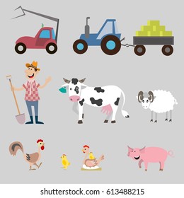 set of farm, farm animals and equipment for field work. vector illustration