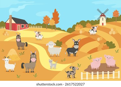 Set of farm animals with fall landscape. Cow, horse, donkey, sheep, goat, pig, rabbit, dog and cat. Vector illustration in flat cartoon style.