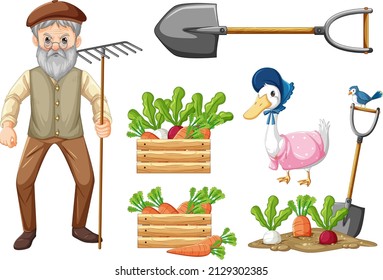 Conjunto de animales de granja y ilustración de caricaturas de granjeros