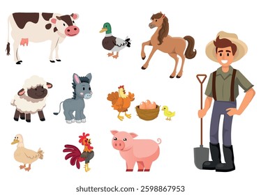 Set of farm animals and farmer, countryside work, vector illustration.