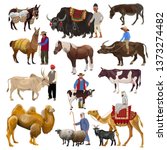 Set of farm animals with farmers. Vector illustration isolated on white background