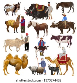 Set of farm animals with farmers. Vector illustration isolated on white background