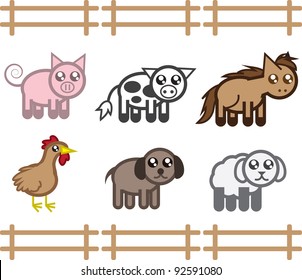 Set of farm animals in a fence