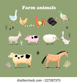 Set of farm animals, set in a flat vector style with chicken turkeys cock pig sheep duck goose rabbit goat dairy cow horses  