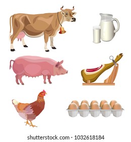 Set of farm animals with foodstuffs. Vector illustration isolated on white background.