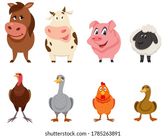 Set of farm animals front view. Female characters in cartoon style.