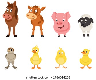 Set of farm animals front view. Young characters in cartoon style.