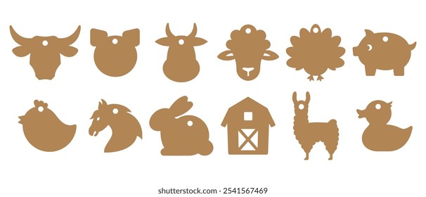 Set of farm animals gift tags shapes. Vector templates for cutting. Craft paper and cardboard label cut files