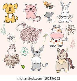 set of farm animals. Hand drawn illustration