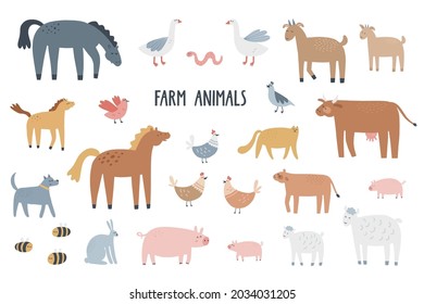 Set of farm animals. Hand drawn vector illustration for kids or nursery design. Cute animals with their babies.