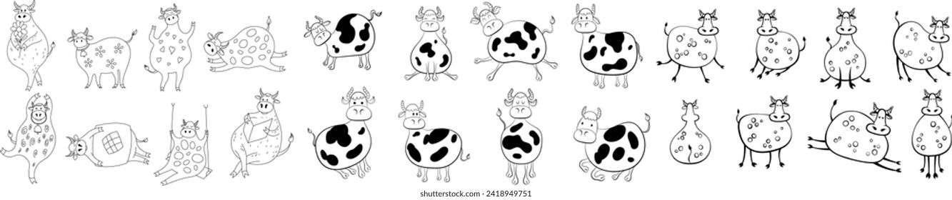 Satz von handgezeichnet gezogenen Nutztieren. Die Illustration der Kuh stellt sich isoliert auf weißem Doodle-Stil.