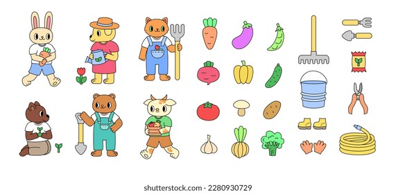 Set farm animals, harvest and garden tools. Trendy retro cartoon style.