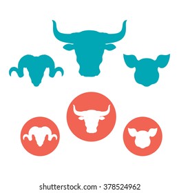 Set of farm animals heads flat icons