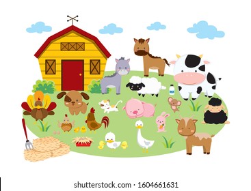 Set of Farm Animals, Horse, Chicken, Cow, Dog, Cat, Sheep, Goat, Pig, Duck, Goose, Turkey