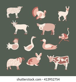 Set farm animals icon in modern flat design. Sheep, chicken, cow, duck, goat, goose, llama, ostrich, pig, rabbit, ram, turkey. Perfect organic farm products banner or flyer. Vector illustration. eps10