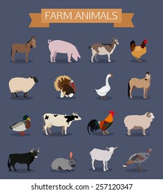 Set of farm animals icons. Flat style design. Vector illustration.