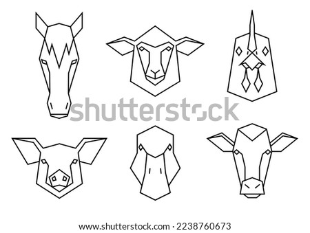 Set of farm animals icons. Geometric heads of a horse, sheep, chicken, pig, duck and cow. Linear style vector collection illustration.