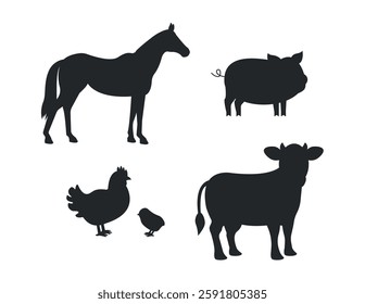 Set of farm animals icons on white background. Horse, pig, hen with chick and cow. Farm animals.
