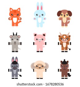 Set of farm animals. Illustration of cute little animals (a cat, a dog, a rabbit, a horse, a donkey, a sheep, a cow, a goat and a pig) isolated on a white background. Vector 8 EPS.