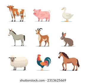 Set of Farm animals isolated on white background. Cow, Pig, Duck, Donkey, Goat, Rabbit, Sheep, Rooster, Horse farm animal. Vector stock