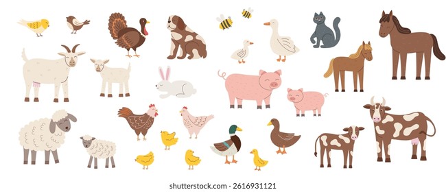 Set of farm animals isolated on white. Farming and livestock concept cliparts. Vector flat hand drawn animals background.
