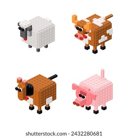 Set of farm animals in isometry. Vector