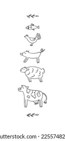Set of farm animals with leaves. Doodle style. Hand drawn linear illustration. Black and white vector