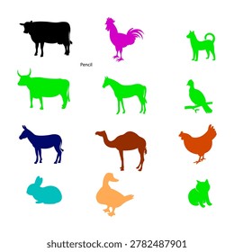 Set of farm animals like cow, horse, rooster, rabbit, duck, cat, dog, camel, donkey silhouettes. Isolated on checkered.