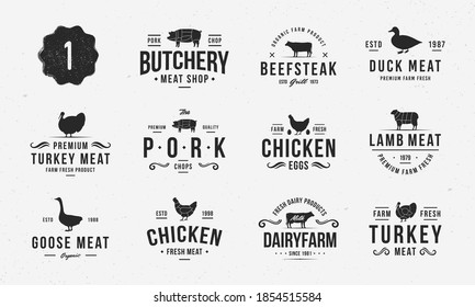 Set of Farm Animals logo and poster templates. Livestock and Butchery logo set for meat shop, grocery store, farmer's market. Restaurant, Butchery graphics. Vector illustration